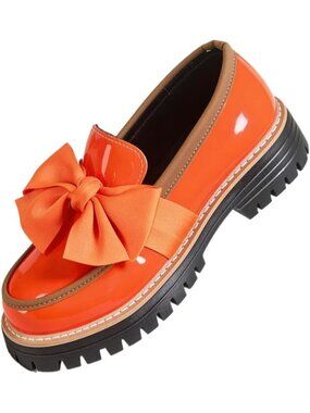 Women's Orange Round Toe Slip On Thick Sole Business Casual Chunky Loafer